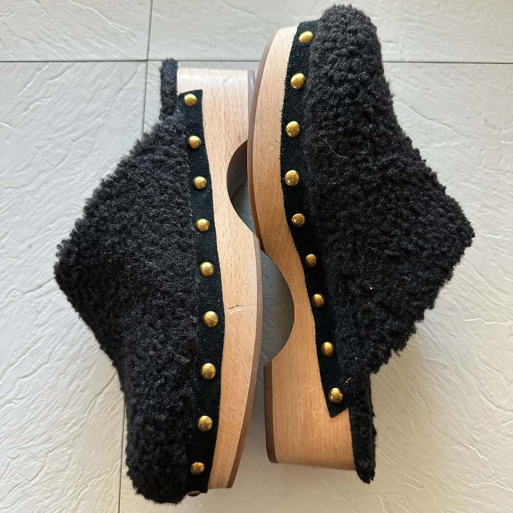 J Crew Faux Fur Sherpa Black Wooden Clogs Shoes Women Size 6 - Picture 2 of 7